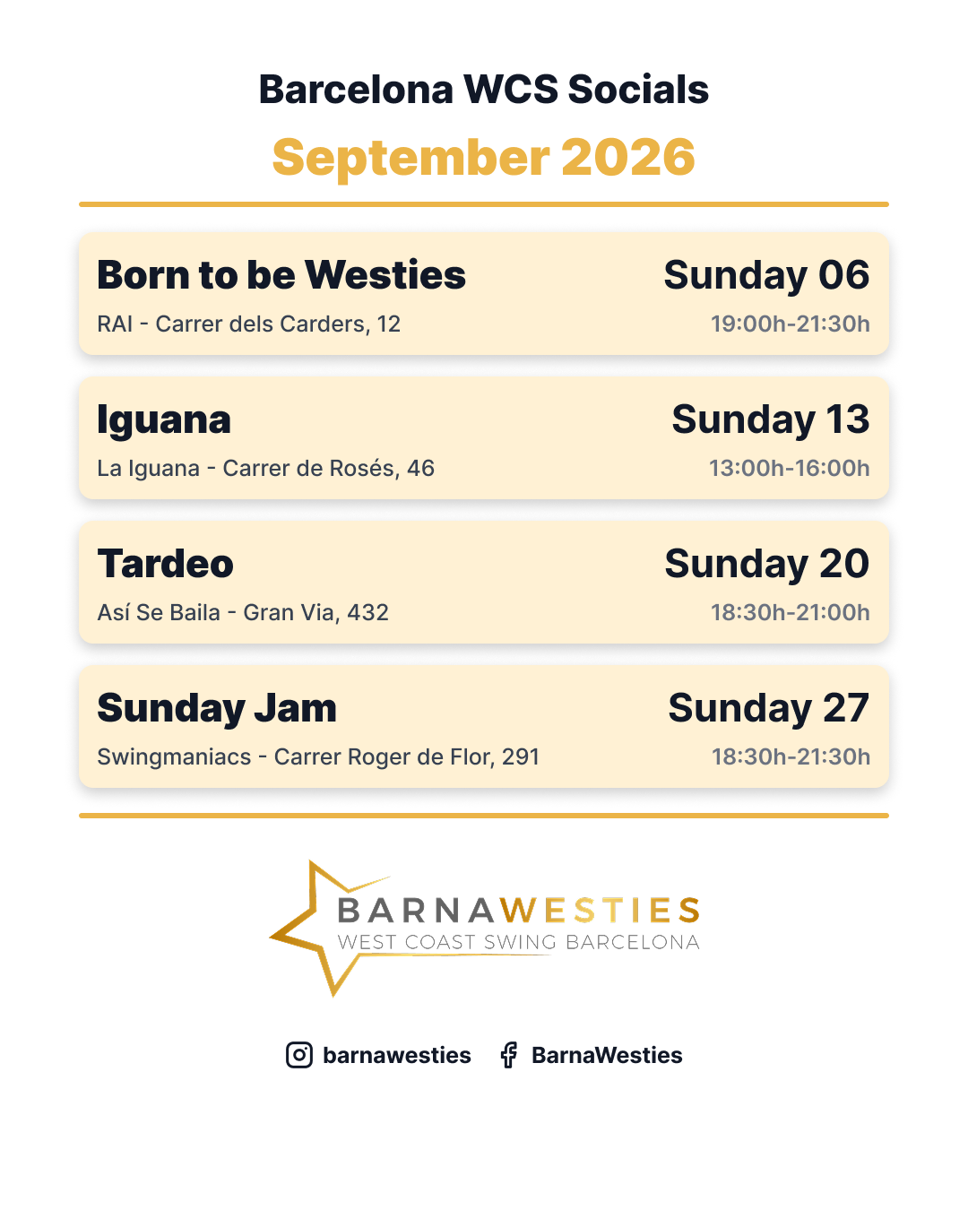 Calendari de balls socials de West Coast Swing a Barcelona d'aquest mes